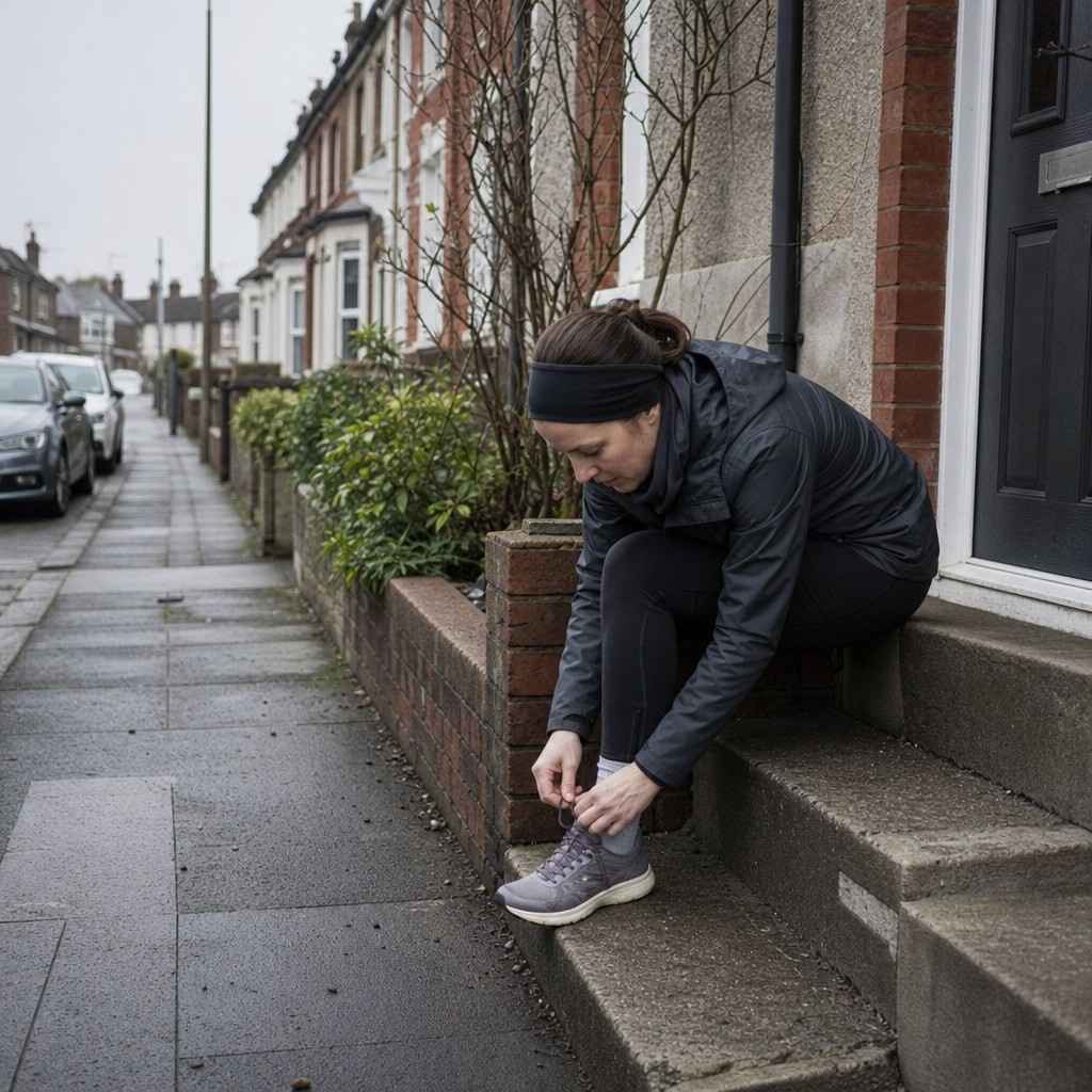 A runner lacing a shoe on a doorstep before an easy run on a cold grey morning
