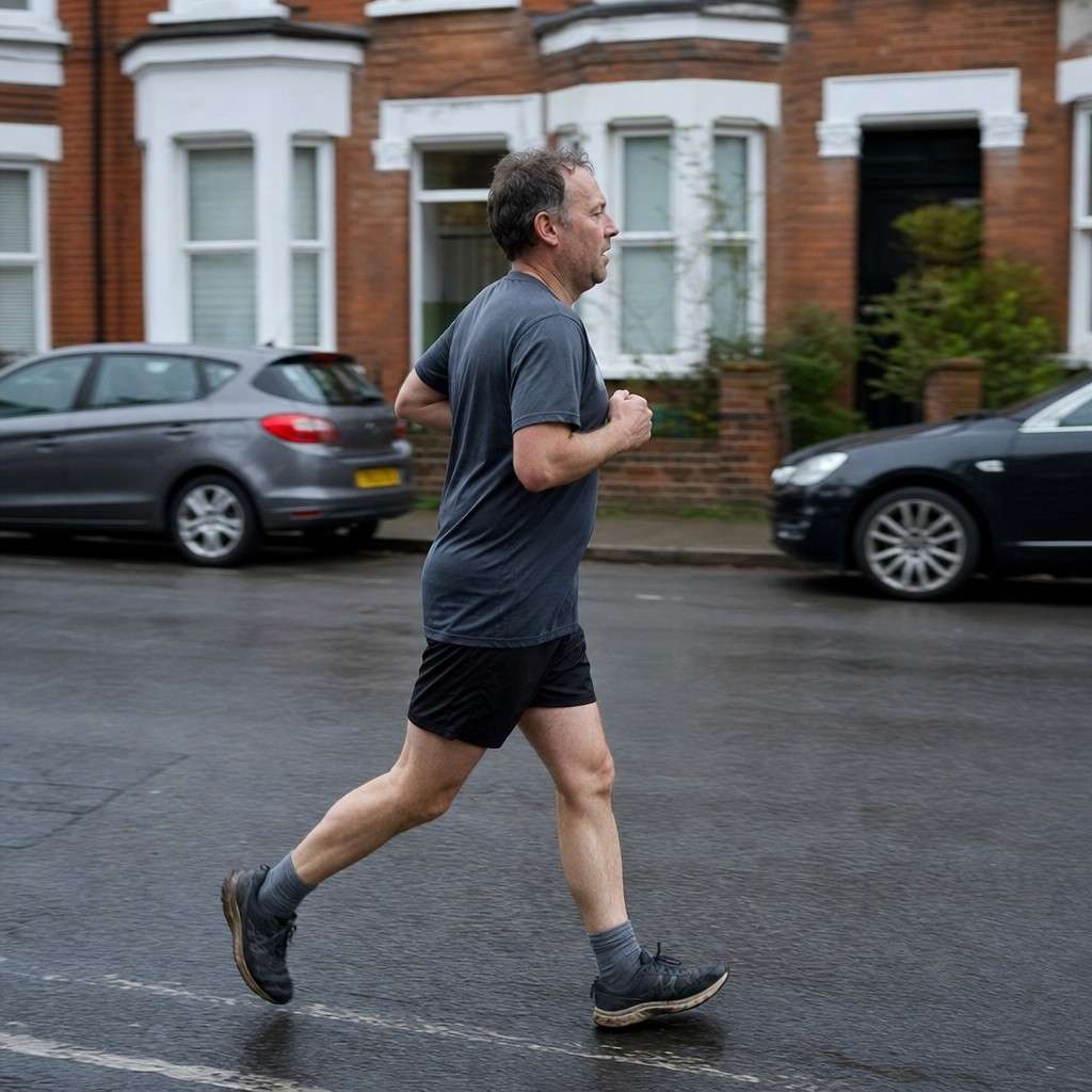 A lone runner at an easy relaxed pace on a quiet residential road