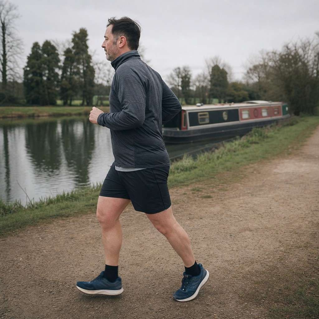 A runner on a canal towpath at a steady easy pace under a grey sky
