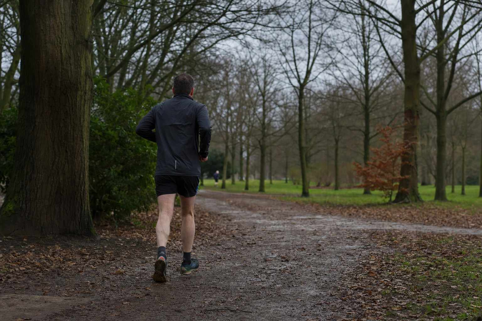 A man running away along a wooded parkland trail on a grey day