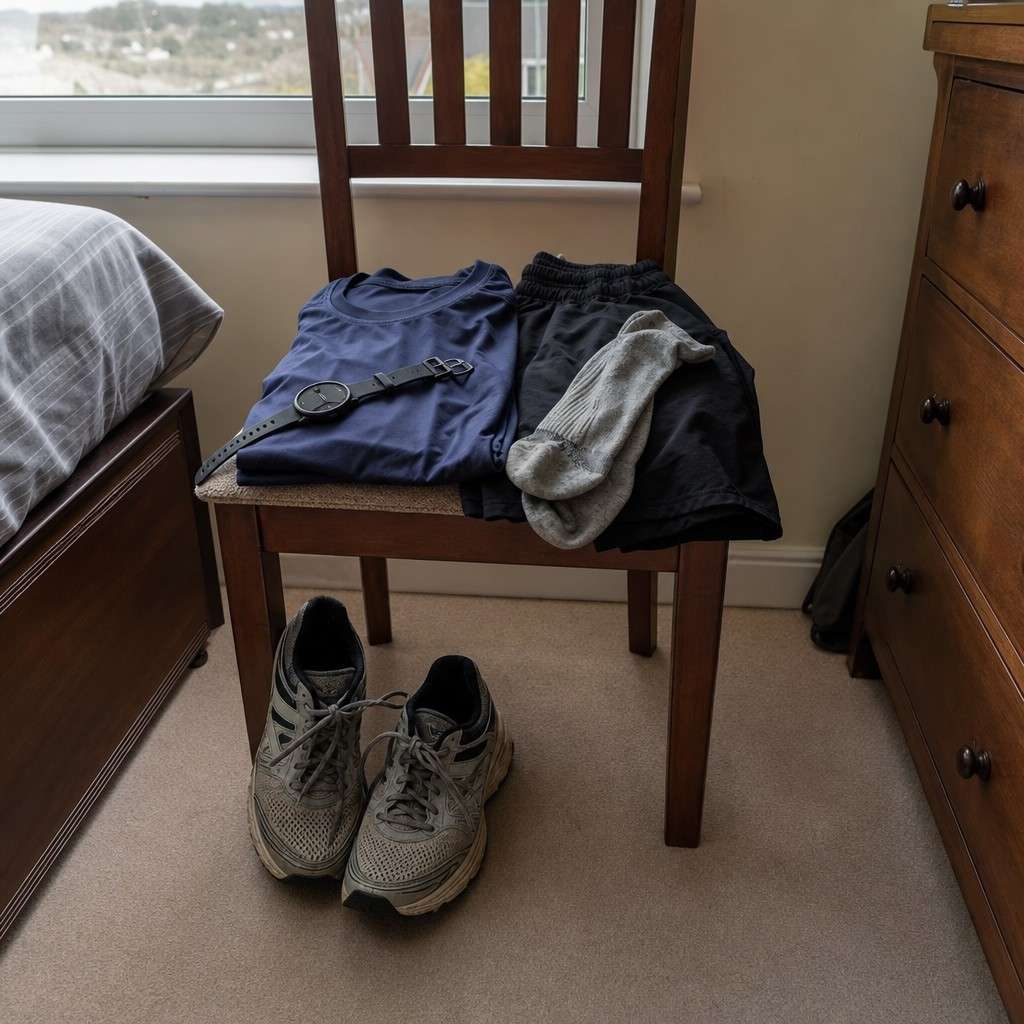 Running kit laid out on a bedroom chair the night before a run