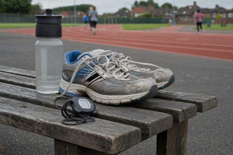 A stopwatch, running shoes and a water bottle on a bench beside a running track
