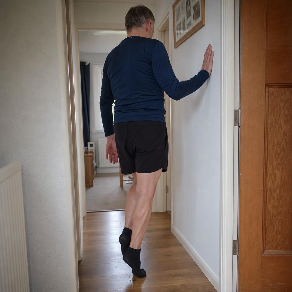 A runner doing a single-leg calf raise holding a door frame for balance