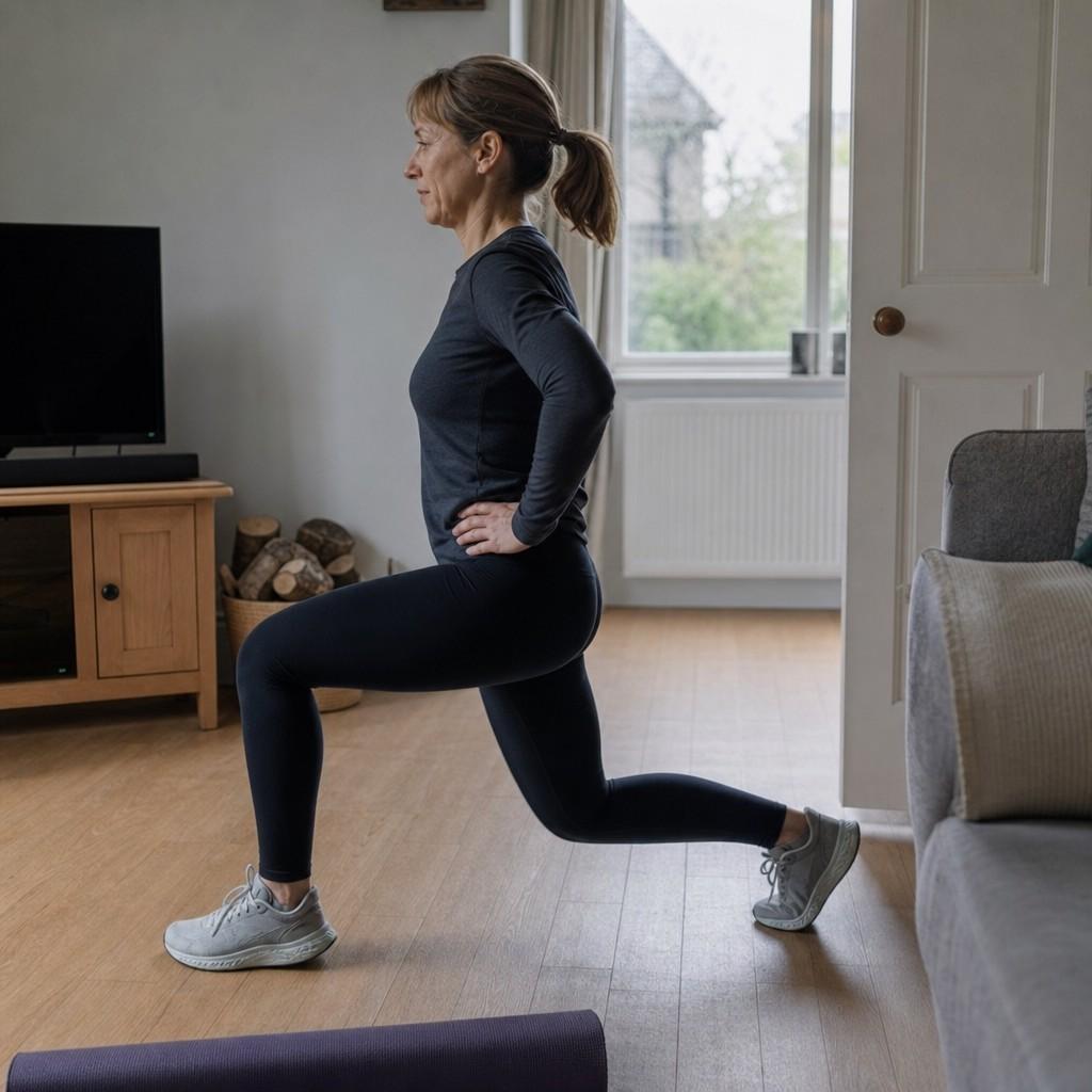 An ordinary runner doing a forward lunge in a plain living room