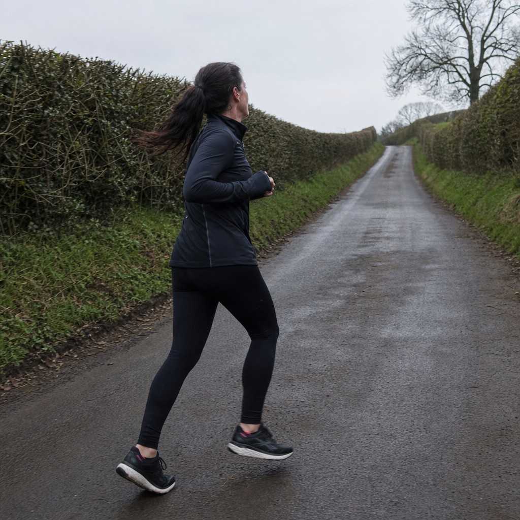 A woman running with intent up a gentle quiet country lane