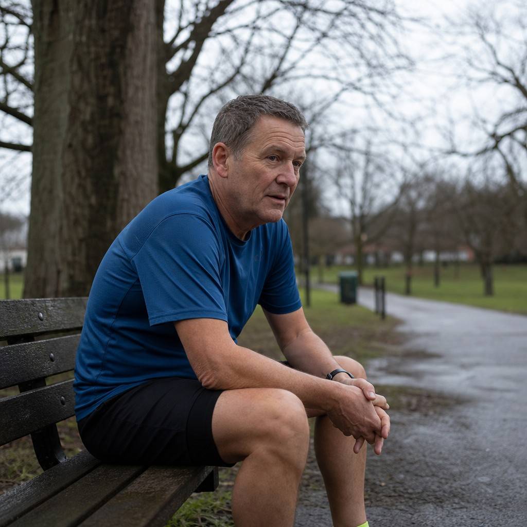 A man sitting on a park bench after a run looking thoughtful