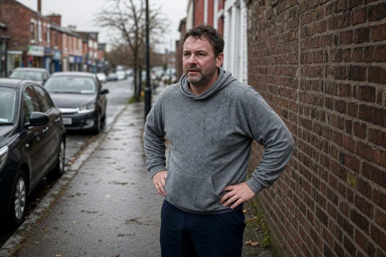 A man standing on an urban pavement looking flat, as if his running has stalled
