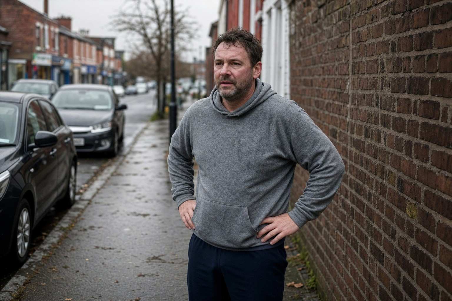 A man standing on an urban pavement looking flat, as if his running has stalled